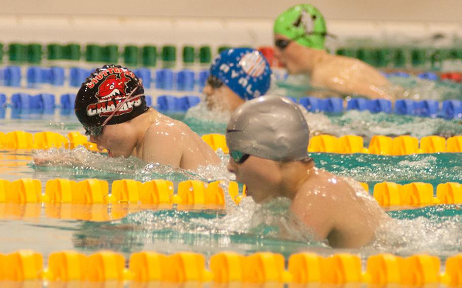 Stuttgart's Matthew Heaphy won the boys 11-year-old 50-meter breaststroke in one of the closest matchups of Day One of the 2015 European Forces Swim League Championships, in Eindhoven, Netherlands, Saturday, Feb. 28, 2015.