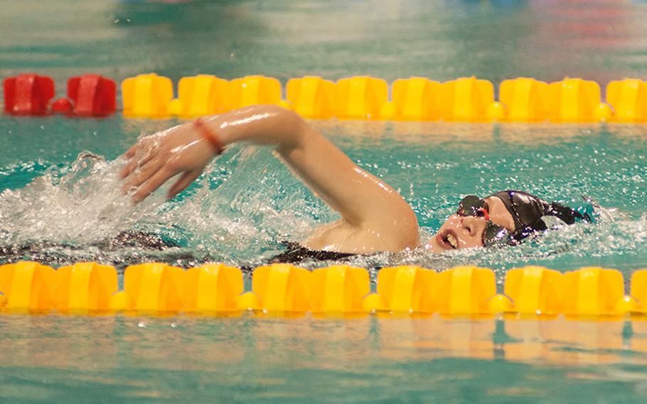 Hylcke de Beer was one of the best swimmers of Day One of the 2015 European Forces Swim League Championships, winning every event in the girl's 8-year- old brackets, Saturday, Feb. 28, 2015. 