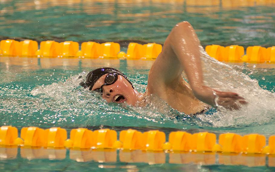 Alaina Scifo won every one of her events on Day One of the 2015 European Forces Swim League Championships in Eindhoven, Netherlands, including this 400-meter freestyle, on Saturday Feb. 28, 2015. 