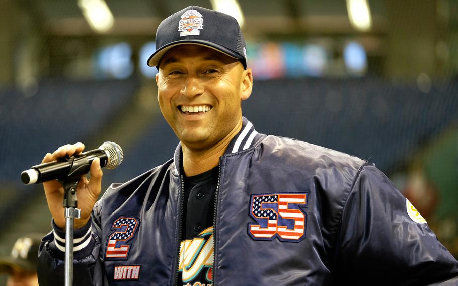 Former New York Yankees shortstop Derek Jeter managed a team of 14- to 16-year-old DODDS and international school baseball players in a charity baseball exhibition game between Japan and the U.S. on Saturday, March 21, 2015, at the Tokyo Dome. The '2 with 55 Tomodachi Game' raised money for victims of the 2011 tsunami and earthquake in northern Japan.