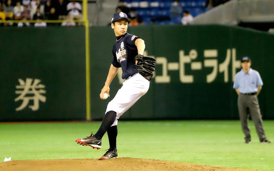 Kacey Walker of Nile C. Kinnick High School in Yokosuka was the starting pitcher for Team Jeter during the '2 with 55 Tomodachi Game' at the Tokyo Dome Saturday, March 21, 2015. The 3-inning charity game raised funds for victims of the 2011 earthquake and tsunami in northern Japan.