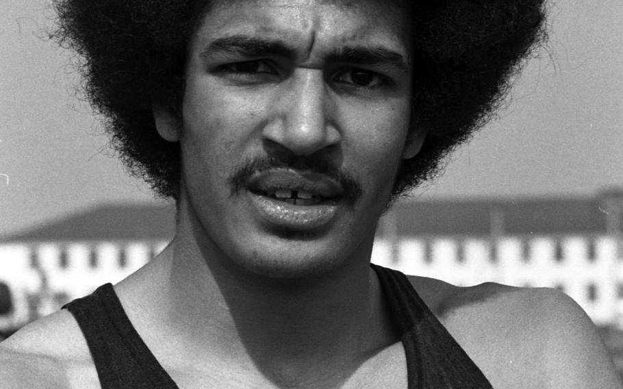 Frankfurt High School's Doug Henderson on March 24, 1974. Henderson still holds DODDS records in the long jump and triple jump, set in 1974.