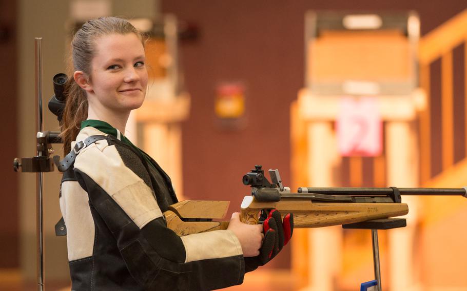 Alconbury's Brittany Brann got a chance to fire for fun after winning top honors during the 2016 DODDS-Europe marksmanship finals held in Vilseck, Germany, Saturday, Jan. 30, 2016. Brann won the event and has been named Stars and Stripes' marksmanship Athlete of the Year.