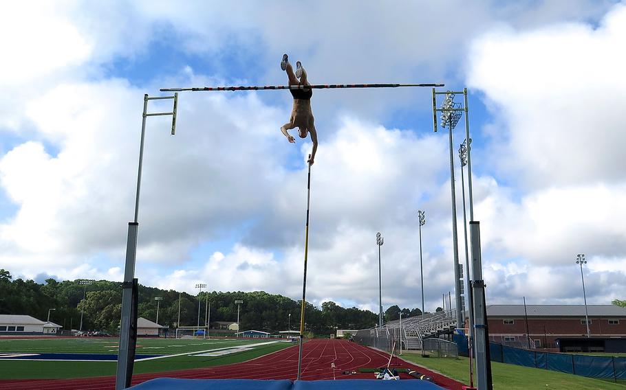 U.S. Army Reserve 2nd Lt. Sam Kendricks trains for the Rio 2016 Olympics at his former high school in Oxford, Mississippi on July 27, 2016.