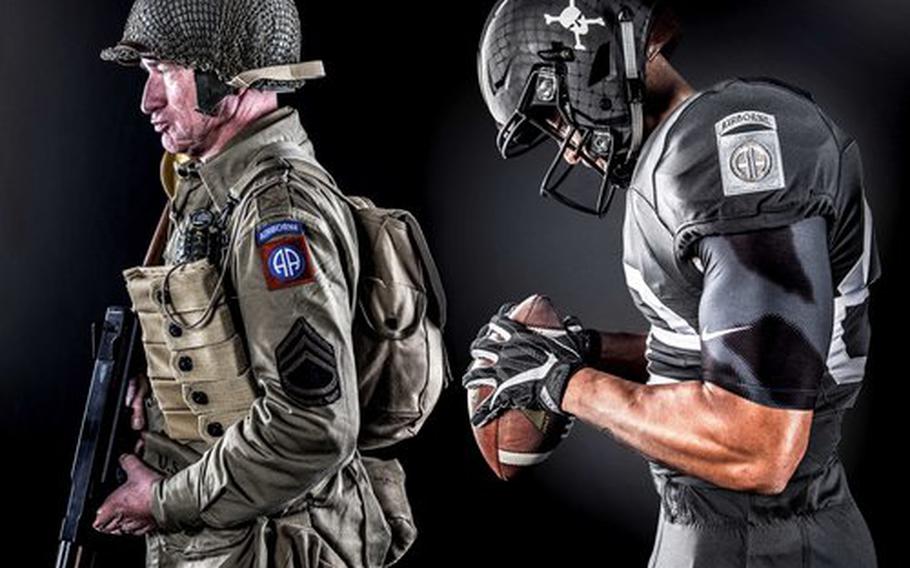 West Point's Army-Navy football uniforms honor the 82nd Airborne Division. The black and muted gray tones reflect that most of the 82nd Airborne's combat jumps occurred at night. Netting painted onto the helmet reflects the combat helmet the paratroopers wore. And authentic World War II-era paratrooper division patches and 48-star American flag patches are included in the uniforms.