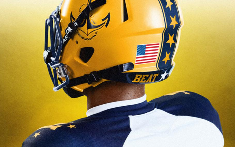 The Naval Academy's Army-Navy uniform has a helmet with a high gloss yellow finish and the pants are "Academy Gold."