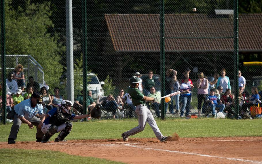 Naples' Dradon Ingle hits the ball during the DODEA-Europe baseball tournament in Kaiserslautern, Germany, on Thursday, May 25, 2017. Naples lost the game against Wiesbaden 6-3.
