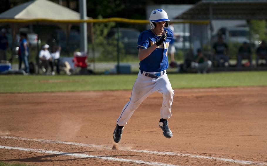 Wiesbaden's Michael Wieland runs to first during the DODEA-Europe baseball tournament in Kaiserslautern, Germany, on Thursday, May 25, 2017. Wiesbaden won the Division I game against Naples 6-3.