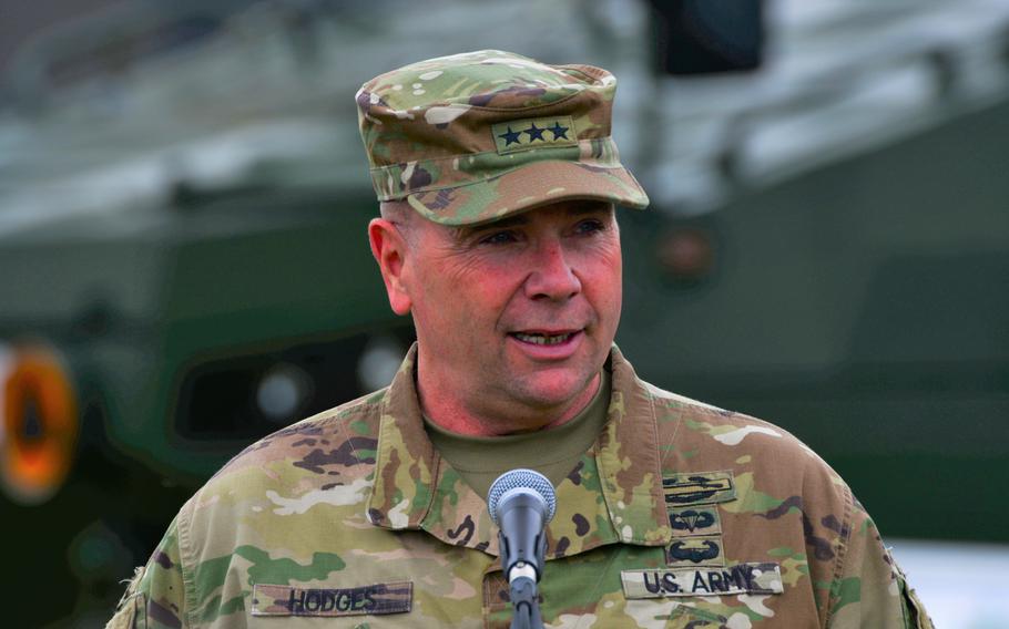 U.S. Army Lt. Gen. Ben Hodges, U.S. Army Europe commander, speaks during Exercise Saber Strike 17 near the Bemowo Piskie Training Area in Poland, June 16, 2017.

Charles Rosemond/U.S. Army