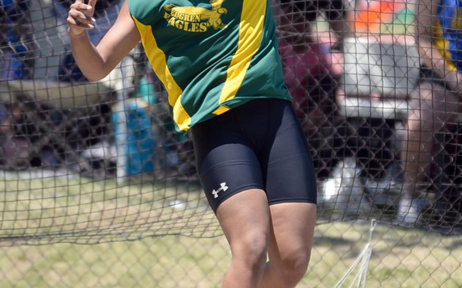 Robert D. Edgren's Trinity Fiers adds the Far East meet record to the mark she already holds for the northwestern Pacific in the discus.
