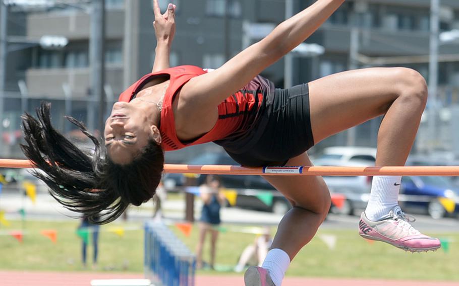 Nile C. Kinnick senior Exotica Hall matched her Far East meet record of 1.65 meters in the high jump, but missed three times at 1.68.