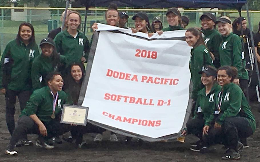 Kubasaki gathers around the banner emblematic of the Dragons' first Far East Division I Tournament title.