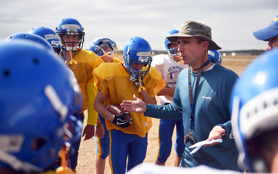 Ansbach coach Stephan Chote talks to his team during practice, Monday, August 27, 2018. 
