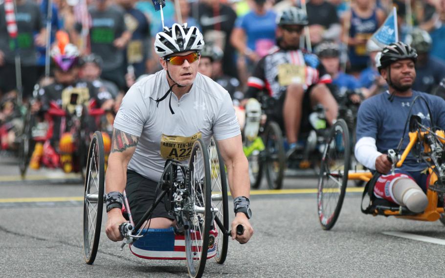 Brant Ireland was the first handcyclist to cross the finish line at the finish line of the 2018 Army Ten-Miler held in Washington, D.C., on Sunday, Oct. 7, 2018.