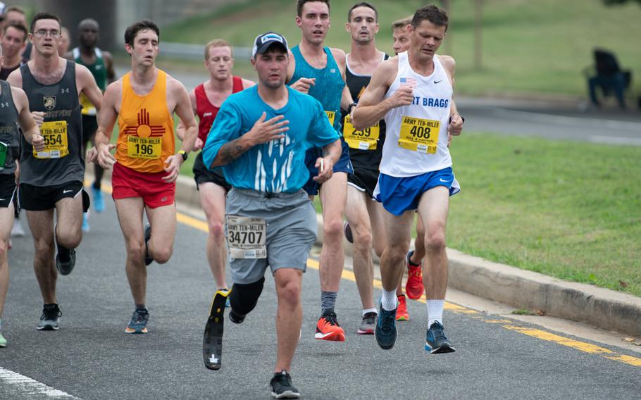 Runners shortly before the Mile 4 marker during the Army Ten-Miler on October 7, 2018. 