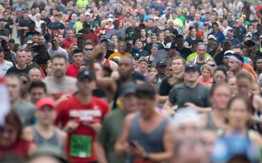 Runners shortly before the Mile 4 marker during the Army Ten-Miler on October 7, 2018. 