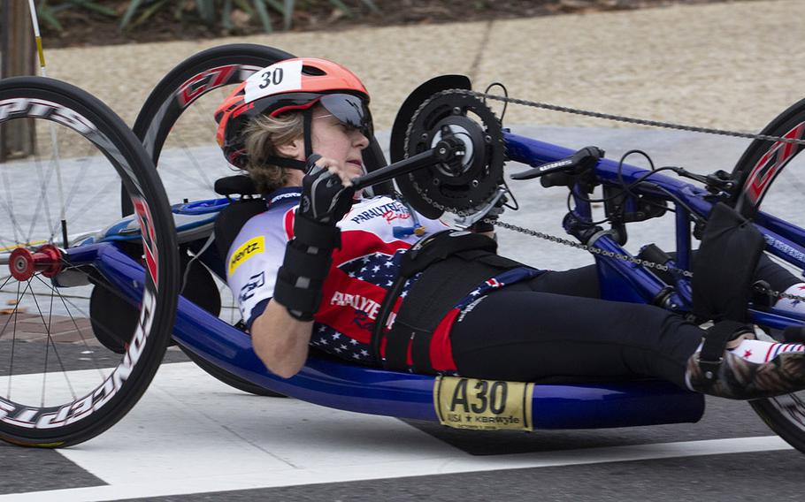 Dianne Leigh Summer of Newton Grove, N.C., was the second female finisher in the handcycle category at the Army Ten-Miler in Washington, D.C., Oct. 7, 2018.