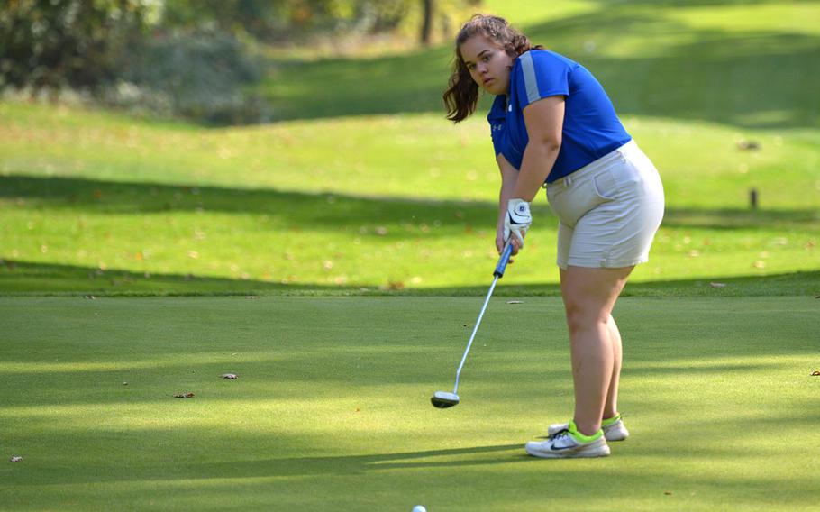 Ramstein's Lauren Sutherland watches her putt during the final round of the DODEA-Europe golf championships at Rheinblick Golf Course in Wiesbaden, Germany, Thursday, Oct. 11, 2018. She finished second with a 58.