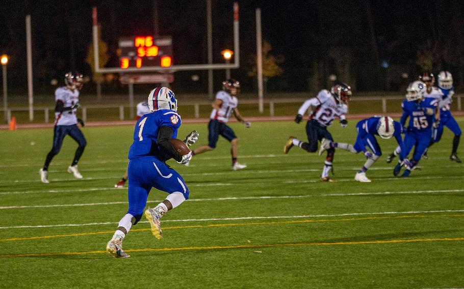 Dominque Arizpe of Ramstein runs for a 95-yard kick off return for a touchdown during the DODEA-Europe Division I football championship game between the Ramstein Royals and the Lakenheath Lancers, Saturday, Nov. 3, 2018. 