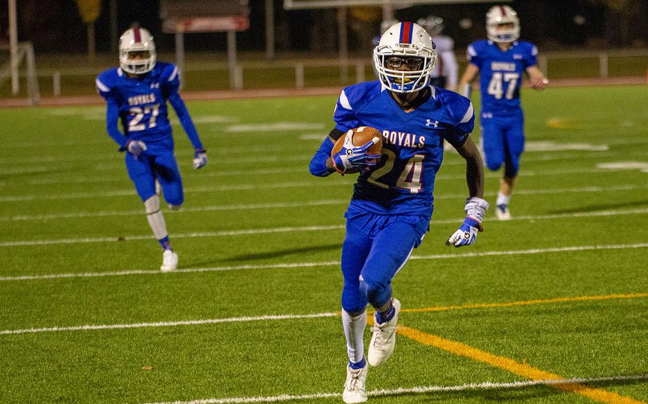 Cameron Chester of Ramstein gets into the open field during the DODEA-Europe Division I football championship game between the Ramstein Royals and the Lakenheath Lancers, Saturday, Nov. 3, 2018. 
