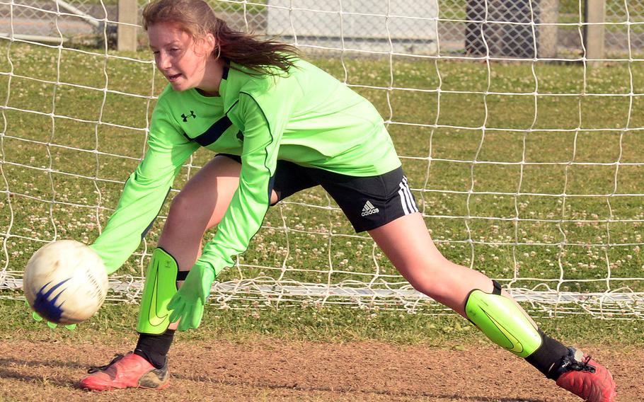 Sophomore Abigail Irwin is one of two players vying for Kubasaki's girls soccer team's goalkeeping job. 