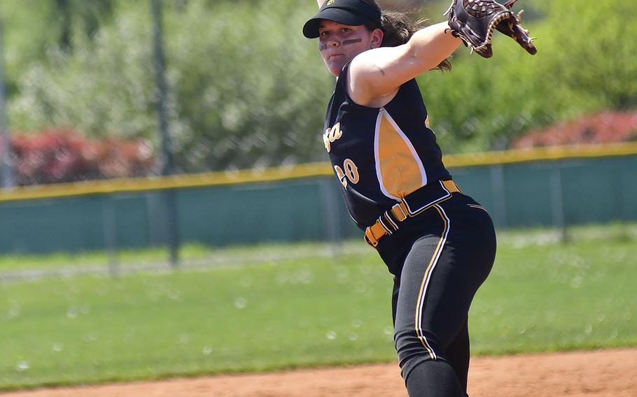 Vicenza pitcher Chenoa Gragg delivers a pitch during the game between Vilseck and Vicenza that took place on Saturday, April 20, 2019, at Caserma Del Din, in Vicenza. Vilseck ended up winning the game 11-10. 