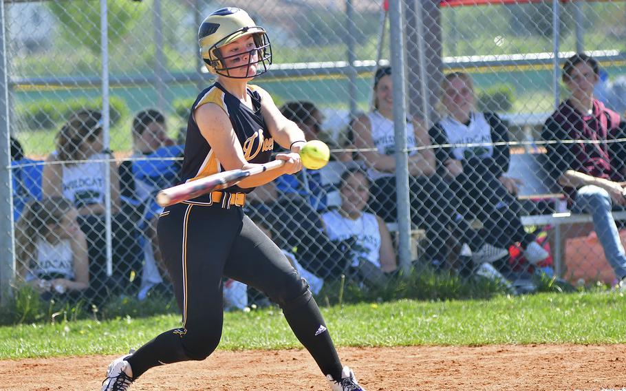 Tessa Houghton, a catcher for Vicenza, hits an RBI double that helped the team close the score in the game between Vilseck and Vicenza that took place Saturday, April 20, 2019, at Caserma Del Din, in Vicenza. Vilseck ended up winning the game 11-10.  