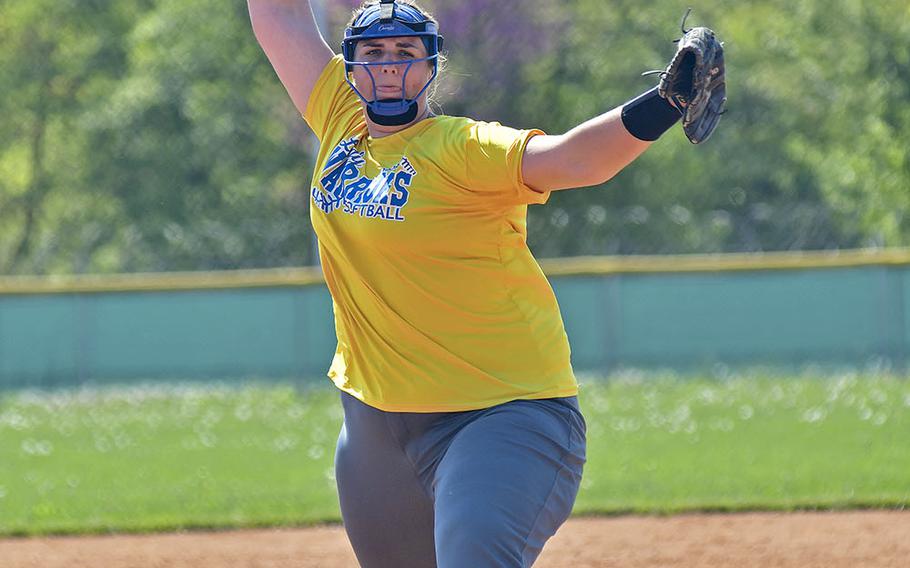 Wiesbaden pitcher Allison Urick delivers a pitch during the game between Wiesbaden and Naples that took place Saturday, April 20, 2019, at Caserma Del Din, in Vicenza. Wiesbaden ended up loosing the game 3-9. 