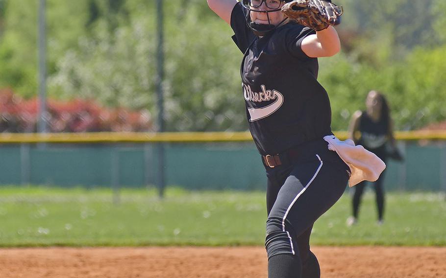 Vilseck pitcher Brianna Kloeckl delivers a pitch during the game between Vilseck and Vicenza that took place Saturday, April 20, 2019, at Caserma Del Din, in Vicenza. Vilseck ended up winning the game 11-10. 