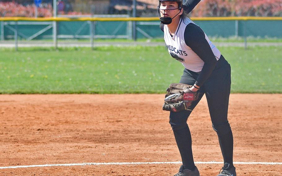 Naples pitcher Chloe Miller delivers a pitch during the game between Naples and Vilseck that took place Saturday, April 20, 2019, at Caserma Del Din, in Vicenza. Naples ended up winning the game 13-9. 