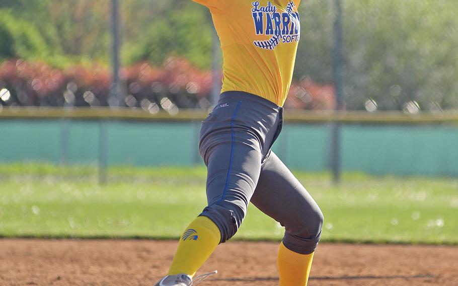 Wiesbaden pitcher Emily Young delivers a pitch during the game between Wiesbaden and Vicenza that took place Saturday, April 20, 2019, at Caserma Del Din, in Vicenza. Vicenza ended up winning the game 14-10. 