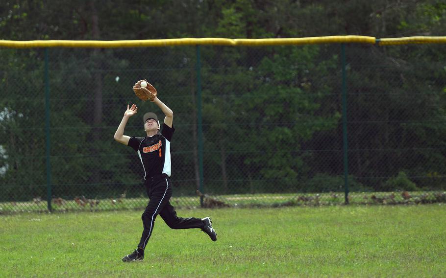 Spangdahlem sophomore outfielder Kayler Lobre makes a catch in the DODEA-Europe Division II championship bsaeball game on Saturday, May 25, 2019. The Aviano Saints captured their first title with a 13-5 victory.