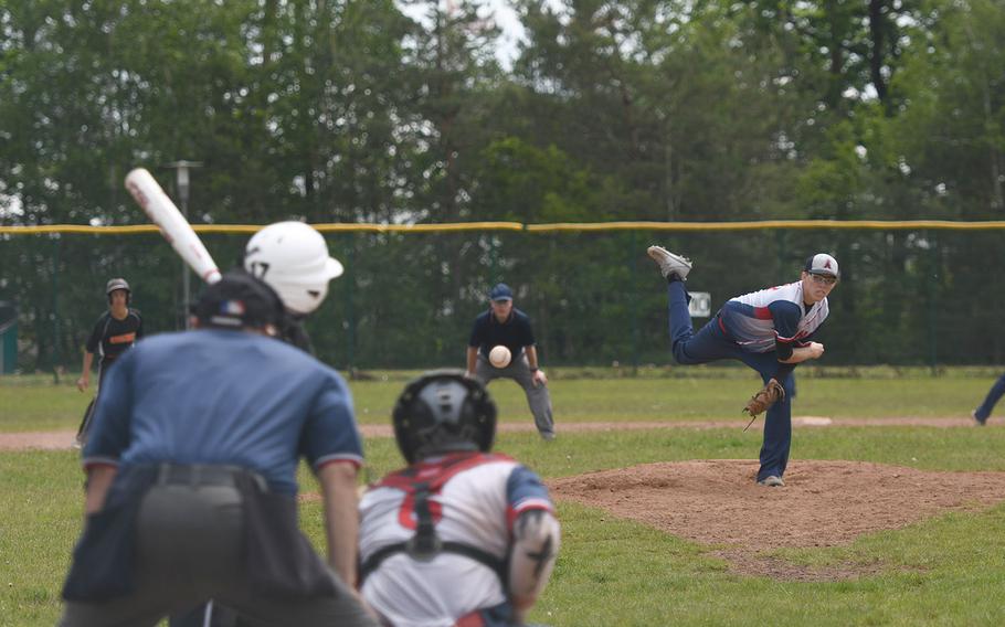 Aviano sophomore pitcher Payne Varnum delivers a pitch on Saturday, May 25, 2019, in the DODEA-Europe Division II championship game. Varnum and Saints beat Spangdahlem 13-5 for the school's first baseball title.