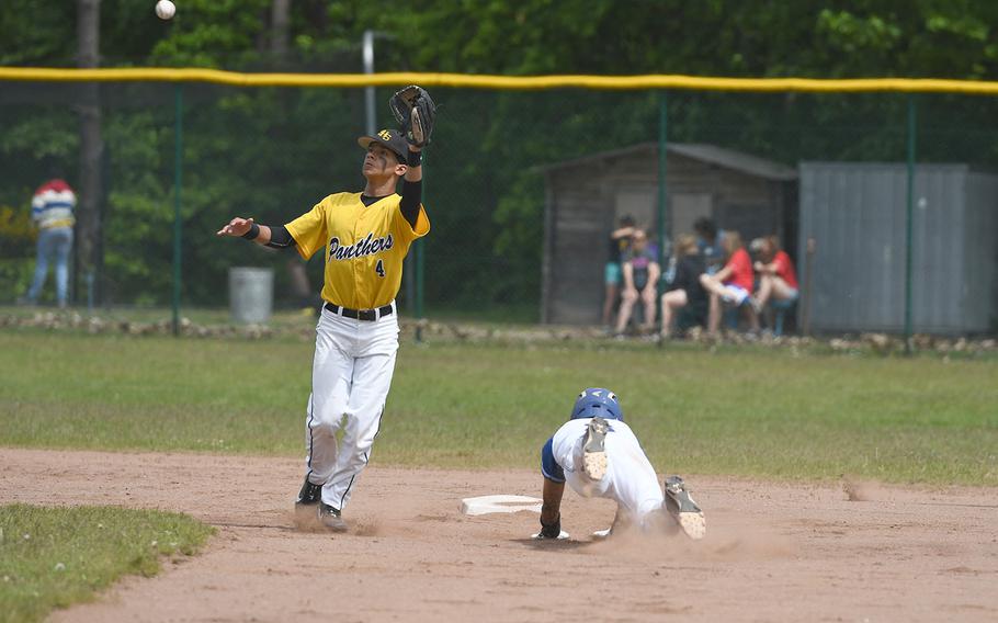 Stuttgart's Carlos Mercado waits for the throw at second base in the Panthers' 5-4 loss to Ramstein in the DODEA-Europe Division I championship game on Saturday, May 25, 2019.