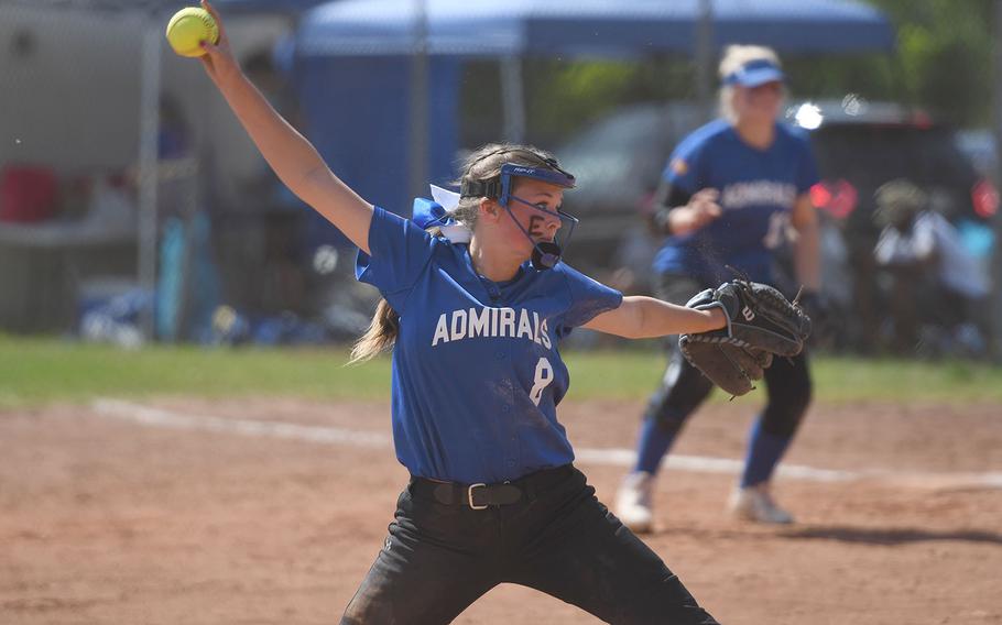 Rota's Savannah Matteson gets set to deliver a pitch in the DODEA-Europe Division II/III softball title game against Sigonella on Saturday, May 25, 2019.