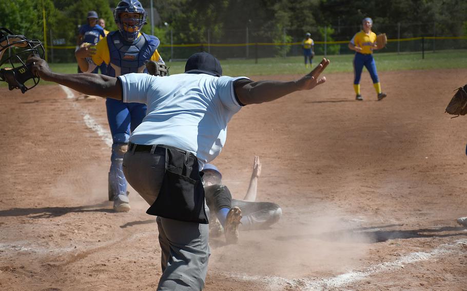 Safe! Rota scores a run in the DODEA-Europe Division II/III softball championships on Saturday, May 25, 2019. Sigonella, however, won the game - and the title - 11-1.