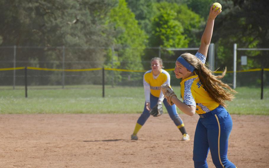 Sigonella's Jessica Jacobs prepares a pitch in the Jaguars' 11-1 victory in the DODEA-Europe Division II/III championship game on Saturday, May 25, 2019.