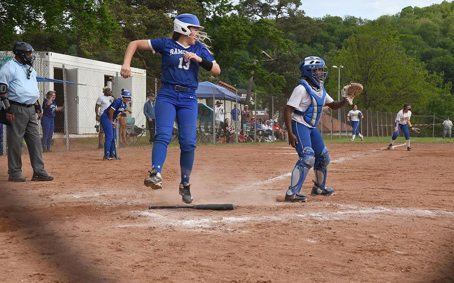 Ramstein's Paige Nielsen crosses home in the DODEA-Europe Division I title game on Saturday, May 25, 2019. Wiesbaden won 9-5.