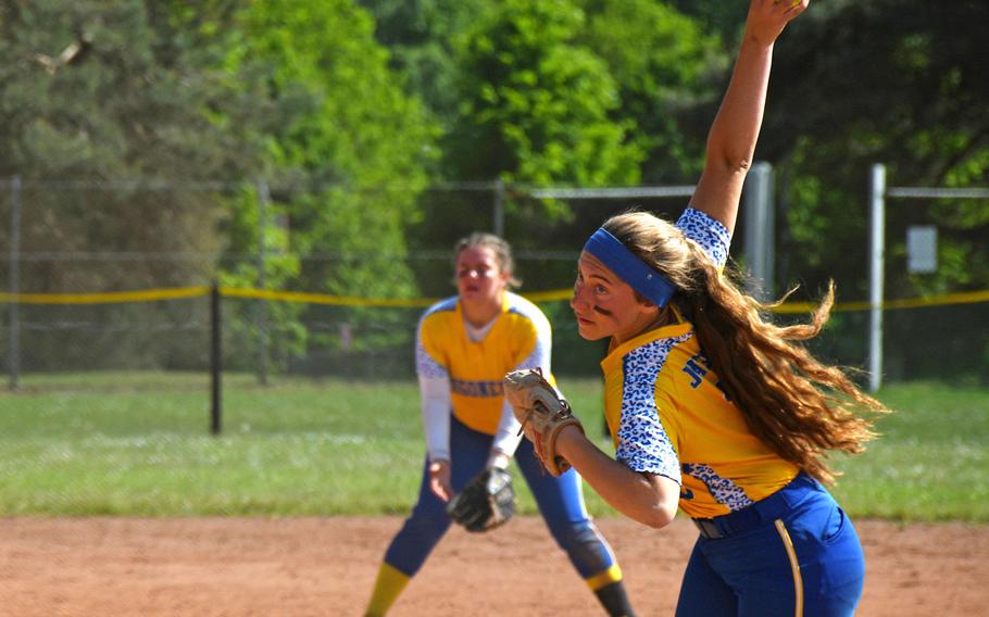 Sigonella's Jessica Jacobs pitches to Rota during Division II/III DODEA-Europe softball championship final game on Saturday, May 25, 2019.
