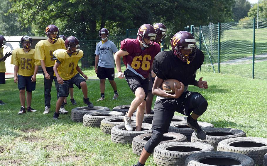 Vilseck Falcons manuever through agility drills during practice at Vilseck, Germany, Wednesday, Aug. 21, 2019. 