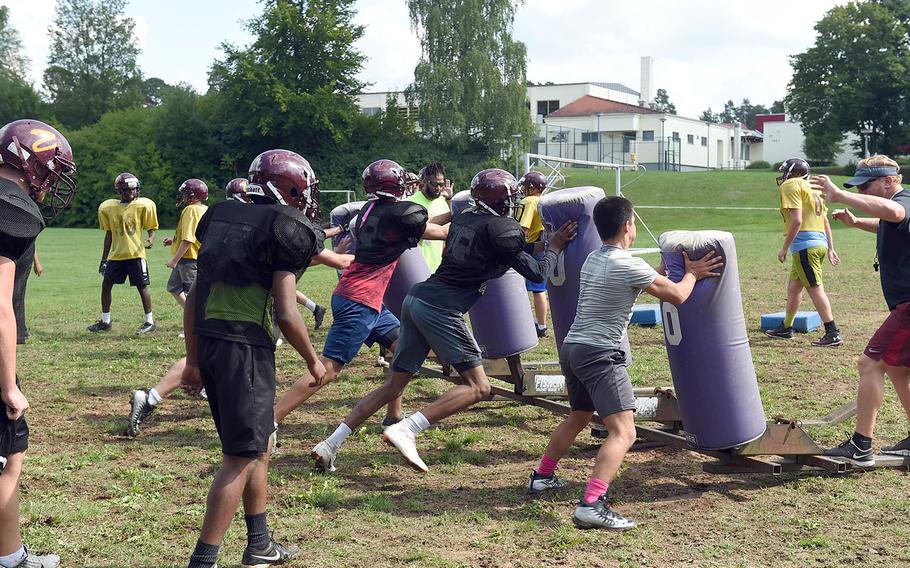 Vilseck Falcons work on their hitting power during practice at Vilseck, Germany, Wednesday, Aug. 21, 2019. 