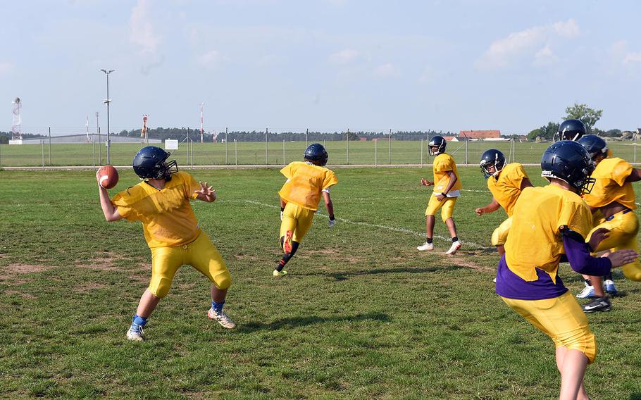 Ansbach's Dustin Martin throws the ball during practice on Tuesday, Aug. 27, 2019, at Ansbach High School.