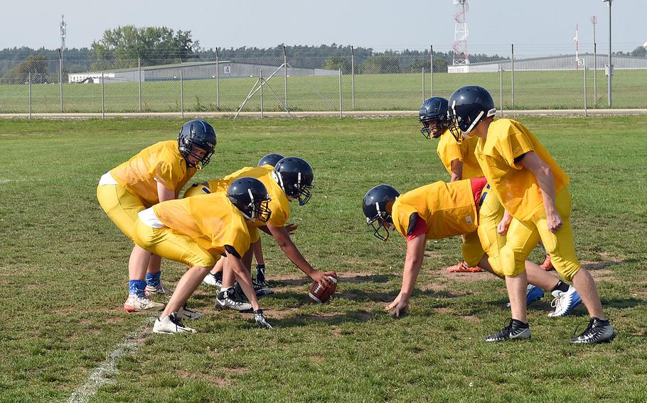 The Ansbach Cougars face off against each other during practice on Tuesday, Aug. 27, 2019,  at Ansbach High School.