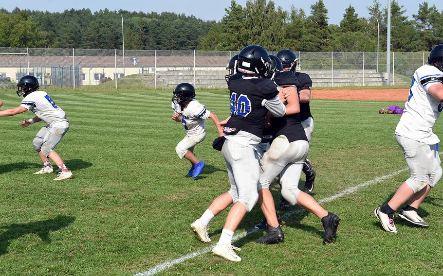 Hohenfels Tiger Luka Sotabeer blocks during practice at Hohenfels, Germany, Wednesday, Aug. 28, 2019. 