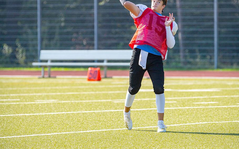 Stuttgart quarterback Alec Kenfield makes a throw in a preseason practice session at Stuttgart, Germany. The All-Europe quarterback is the centerpiece of the Panthers' pass-oriented offense. 