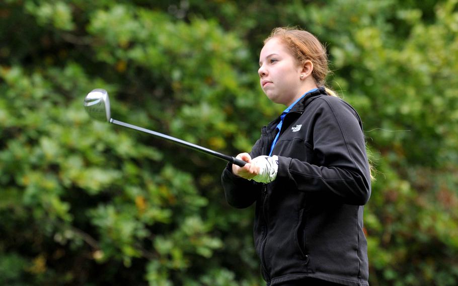 Wiesbaden's Amy Gonzalez follows her shot during the final round  of the DODEA-Europe golf championships in Wiesbaden, Germany, Thursday, Oct. 10, 2019. 
