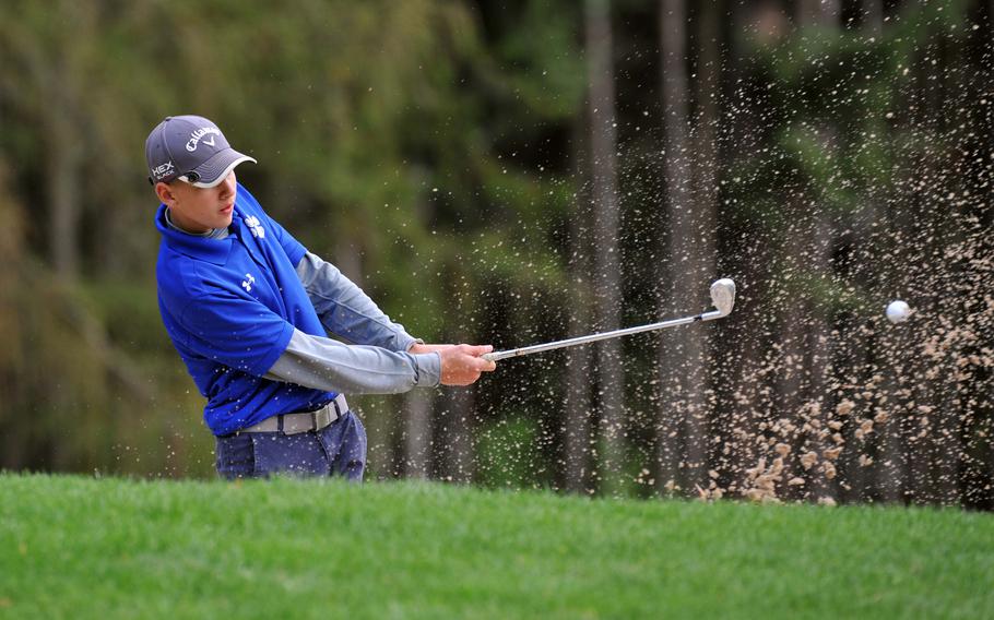 Ramstein's Micah Webb hits out of a bunker on the final day of the DODEA-Europe golf championships in Wiesbaden, Germany, Thursday, Oct. 10, 2019. Webb finished third with a 64 modified Stableford points.









