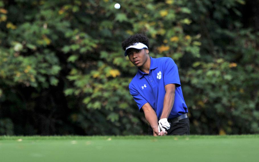 Ben Todman watches his ball sail to the green during the final round of the DODEA-Europe golf championships in Wiesbaden, Germany, Thursday, Oct. 10, 2019. Todman finished second at  the tourney with a combined modified Stableford score of 77 points for the two days.