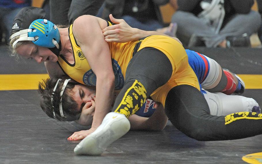 Stuttgart's McKinley Fielding tries to pin Ramstein's Andres Hart in an exciting 106-pound championship match at the DODEA-Europe wrestling finals last season.Fielding will be returning this season and try to become the first female champion in DODEA-Europe history.
