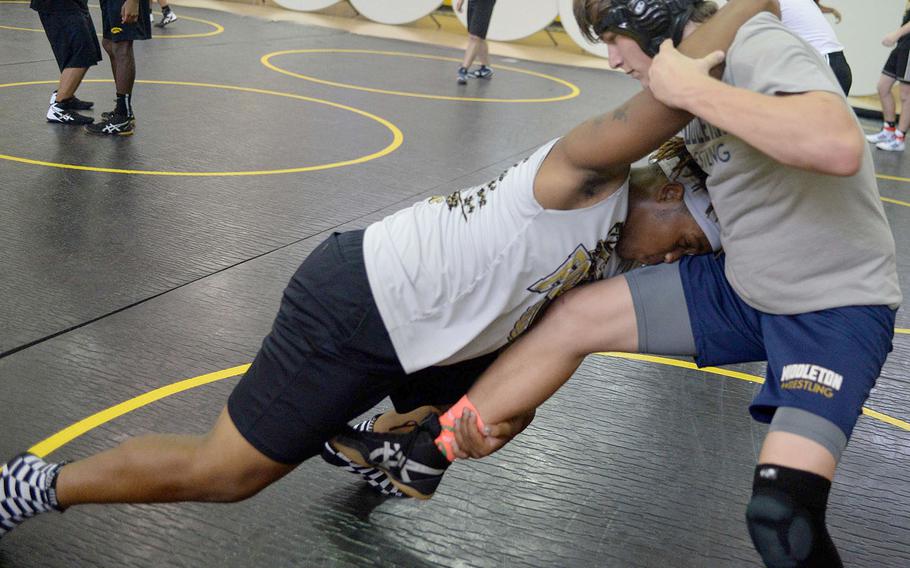 Kadena teammates Caleb Wise and Joey Puterbaugh go through practice paces; the two were members of the Panthers' Division I football champion team.